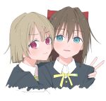  2girls black_jacket blue_eyes blush bow brown_hair collared_shirt commentary cropped_torso hair_between_eyes hair_bow hand_on_another&#039;s_shoulder haruruhaharur heads_together highres hug jacket long_hair looking_at_viewer love_live! love_live!_nijigasaki_high_school_idol_club multiple_girls nakasu_kasumi neck_ribbon nijigasaki_school_uniform osaka_shizuku red_bow red_eyes ribbon school_uniform shirt short_hair sidelocks simple_background smile symbol-only_commentary v white_background white_shirt yuri 
