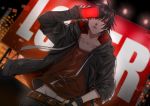  1boy belt billboard black_gloves black_hair black_jacket blurry bokeh brown_shirt cellphone depth_of_field dutch_angle fingerless_gloves gloves highres ikurikaito jacket looking_at_viewer male_focus navel night original outdoors phone red_eyes shirt standing 