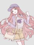  1girl bag baseball_cap brown_eyes buttons casual chinese_commentary clenched_hand collar commentary_request cowboy_shot denim denim_shorts flat_color frilled_shorts frills grey_background grey_shirt hat heart heart_button heart_print highres long_hair long_sidelocks long_sleeves midriff miracle_nikki navel nikki_(nikki) nikki_(series) pink_hair pocket purple_collar purple_hat purple_sleeves shirt shorts shoulder_bag sidelocks simple_background solo star_(symbol) star_print tareme very_long_hair white_bag yellow_shorts youyidianqingming 