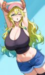  1girl blonde_hair blue_hair blue_shorts breasts commission dragon_girl dragon_horns green_eyes hat highres horns huge_breasts kobayashi-san_chi_no_maidragon long_hair lucoa_(maidragon) multicolored_hair navel one_eye_closed shorts solo tagme tank_top zantyarz 