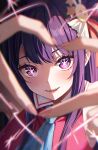 1girl :d armpits arms_up artist_name ascot blue_ascot blurry blurry_foreground blush chinese_commentary chromatic_aberration collared_shirt commentary depth_of_field duplicate english_commentary fangs fingernails four-finger_heart_hands hair_ornament hair_ribbon heart heart_hands highres hoshino_ai idol idol_clothes long_fingernails long_hair looking_at_viewer mixed-language_commentary multilingual_commentary nail_polish open_mouth oshi_no_ko pink_nails pink_ribbon portrait purple_eyes purple_hair red_shirt ribbon rosuuri shirt sleeveless sleeveless_shirt smile solo star-shaped_pupils star_(symbol) straight_hair symbol-shaped_pupils upturned_eyes wing_collar 