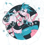  1boy :p battle_tendency black_gloves black_shirt bola_(weapon) boots clacker crop_top drawn_star fingerless_gloves gloves gogeyama green_eyes green_hair green_pants highres jojo_no_kimyou_na_bouken joseph_joestar limited_palette male_focus midriff multicolored_scarf muscular muscular_male navel orange_boots orange_scarf pants scarf shirt solo striped_clothes striped_scarf tongue tongue_out yellow_scarf zoom_layer 