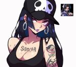  1girl bare_shoulders black_hair breasts earrings hat jeff_the_land_shark jewelry large_breasts long_hair looking_at_viewer marvel marvel_rivals psylocke purple_eyes solo sonyashh tattoo x-men 