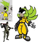2025 4_fingers afrosoricid anthro black_markings black_nose blue_eyes bottomwear clothed clothed_anthro clothed_female clothing cybernetic_arm cybernetic_limb cybernetics cyborg digital_drawing_(artwork) digital_media_(artwork) ear_piercing eyelashes facial_markings female female_anthro fingers flat_colors footwear fully_clothed fully_clothed_anthro fully_clothed_female fur gloves green_body green_ears green_fur green_hair grey_ear_piercing hair handwear head_markings hi_res holding_katana holding_melee_weapon holding_object holding_sword holding_weapon human idw_publishing jetstream_sam katana konami long_hair looking_up machine male male_human mammal markings melee_weapon metal_gear metal_gear_rising:_revengeance nanodude78 pants piercing platinumgames print_clothing print_topwear reference_image sega sharp_teeth shoes simple_background smile solo sonic_the_hedgehog_(comics) sonic_the_hedgehog_(idw) sonic_the_hedgehog_(series) standing surge_the_tenrec sword tan_ears teeth tenrec topwear triangle_nose weapon white_background white_clothing white_gloves white_handwear yellow_bottomwear yellow_clothing yellow_footwear yellow_pants yellow_shoes
