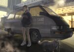 1girl black_jacket blue_shorts brooklyn_bridge cat commentary_request english_text fish fish_in_mouth hands_in_pockets highres jacket jettoburikku license_plate looking_at_animal motor_vehicle new_york_city original outdoors shadow shorts standing toyota toyota_van united_states van vehicle_focus 