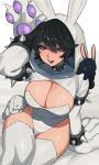  1girl :3 :d animal_collar animal_hands animal_hood animal_on_leg animal_on_shoulder arm_support arm_up armlet black_collar black_fur black_hair black_rabbit_(animal) blue_eyes bracelet breasts buck_teeth cleavage closed_eyes closed_mouth collar collared_shrug commentary commission covered_navel dewlap double-parted_bangs ears_down english_commentary excited eyebrows_hidden_by_hair fake_claws fang feet_out_of_frame finger_claws fur_thighhighs gloves grin groin hair_between_eyes hair_flaps half-closed_eyes happy highleg highleg_leotard highres hood hood_up hooded_shrug jewelry karassawa knees large_breasts leaning_to_the_side legs_together leotard light_blush long_eyelashes long_sleeves looking_to_the_side looking_up narrowed_eyes open_hand open_mouth original paw_gloves pawpads playboy_bunny purple_eyes rabbit rabbit_hood rabbit_pose raised_eyebrows short_hair shrug_(clothing) sidelocks sitting sleeping smile solo sparkling_eyes spiked_armlet spiked_bracelet spiked_collar spikes strapless strapless_leotard striped_blush teeth thick_eyelashes thick_thighs thighhighs thighs turtleneck u_u upper_teeth_only wavy_hair white_background white_fur white_leotard white_rabbit_(animal) white_shrug white_thighhighs wide_hips 