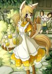 2024 3_toes 4_fingers accessory ambiguous_anthro ambiguous_gender anthro arms_bent beverage biped black_ears black_eyes black_tail_tip blonde_hair blush blush_lines book bottomwear brown_body brown_scales building button_(fastener) canid canine claws clothed clothed_ambiguous clothed_anthro clothed_female clothing container cup day detailed_background digital_media_(artwork) dipstick_tail domika door door_handle doormat dress drinking drinking_straw duo eyelashes eyes_closed eyewear feet female female_(lore) female_anthro finger_claws fingers fox fully_clothed fully_clothed_ambiguous fully_clothed_anthro fully_clothed_female fur furgonomics gesture glass glass_container glasses glistening glistening_eyes green_bottomwear green_clothing green_skirt hair hand_gesture head_tuft hi_res holding_plate house hybrid japanese_description jewelry kemono leaf lemonade looking_at_another mammal markings molte mouse multicolored_clothing multicolored_dress murid murine open_mouth open_smile outside pandemonium_wizard_village pencil_(object) pendant pink_inner_ear plant plushie pointy_ears prick_ears pupils raised_arm ribbons rock rodent round_ears round_glasses scales scuted_feet scuted_hands scutes shaded sharp_teeth shirt sho_shibamoto shrub sitting skirt smile snout stairs standing stepping_stones tail tail_accessory tail_markings tail_ribbon talons tan_body tan_ears tan_fur tan_inner_ear tan_tail teeth thumbs_up toes topwear tuft two_tone_tail vines waving wearing_glasses wood yellow_clothing yellow_shirt yellow_tail yellow_topwear
