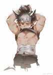  1boy abs absurdres arknights armpits arms_up bandaged_stomach bandages bandaid bandaid_on_face bandaid_on_nose black_hair black_pants black_shirt black_tank_top blood blood_on_arm blood_on_bandages blood_on_body chinese_commentary clothes_in_mouth clothes_lift commentary_request cross_scar demon_boy demon_horns demon_tail highres horns injury male_focus mouth_hold multiple_scars muscular muscular_male nipples odda_(arknights) one_eye_closed pants pectorals pointy_ears scar scar_across_eye scar_on_arm scar_on_chest scar_on_face scar_on_stomach shirt shirt_in_mouth shirt_lift sleeveless sleeveless_shirt tail tank_top watermark weibo_watermark white_background yi_tan_a_mi_ba 