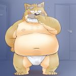  2020 anthro asian_clothing belly blush bulge canid canine canis clothing domestic_dog east_asian_clothing eyes_closed facial_hair fundoshi humanoid_hands japanese_clothing kemono male mammal moobs mustache navel nipples overweight overweight_male solo toshi_(artist) underwear 
