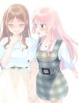  2girls bang_dream! bang_dream!_it&#039;s_mygo!!!!! blush brown_hair chihaya_anon closed_eyes dress fang grey_eyes highres long_hair multiple_girls nagasaki_soyo open_mouth pink_hair plaid_clothes plaid_dress taira_(tiririrt) yuri 