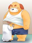  2020 anthro blush bottomwear bulge canid canine canis clothing domestic_dog duo hug humanoid_hands kemono male mammal overweight overweight_male pants shirt topwear toshi_(artist) underwear 