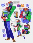  1boy absurdres blue_pants blue_shirt book book_stack brown_shoes butchery00 clipboard english_text folder gloves grey_background highres holding holding_book jacket kneeling long_sleeves magnifying_glass male_focus multicolored_jacket multiple_views object_head own_hands_together pants personification puff_of_air shirt shoes simple_background standing star_(symbol) sweat trash_can white_gloves winrar 