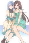  2girls aged_down aqua_dress black_hair dress final_fantasy final_fantasy_vii final_fantasy_vii_remake final_fantasy_xvi grey_eyes grey_hair highres in-franchise_crossover jewelry jill_warrick looking_at_viewer multiple_girls necklace nikuya_(nikuya888) red_eyes short_hair sitting smile tifa_lockhart trait_connection 