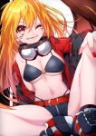  1girl ;d belt black_footwear black_shorts blonde_hair breasts goggles goggles_around_neck hand_on_own_knee highres ikurikaito jacket medium_breasts midriff navel one_eye_closed open_mouth orange_eyes original red_jacket red_nails shorts sitting smile solo zipper 
