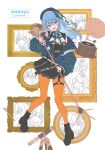  1girl :d belt beret black_belt black_dress blue_eyes blue_hair blue_hat blue_jacket boots collared_dress colored_inner_hair commentary dress full_body garter_straps green_ribbon hair_ribbon hat high_heel_boots high_heels highres holding holding_microphone_stand hololive hoshimachi_suisei hoshimachi_suisei_(1st_costume) hoshimachi_suisei_(casual) hoshimachi_suisei_(new_year) hoshimachi_suisei_(school_uniform) hoshimachi_suisei_(shout_in_crisis) hoshimachi_suisei_(supernova) jacket lace-up_boots long_hair long_sleeves looking_at_viewer microphone_stand multicolored_hair nail_polish neck_ribbon o-ring o-ring_thigh_strap off_shoulder official_alternate_costume official_alternate_hairstyle one_side_up open_mouth orange_nails orange_pantyhose pantyhose partially_unzipped phonograph picture_frame quilted_headwear ribbon short_dress short_sleeves sidelocks single_garter_strap skirt skirt_set smile solo star_(symbol) star_in_eye symbol-only_commentary symbol_in_eye teeth telescope thigh_strap upper_teeth_only vinhnyu 