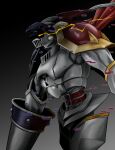  1boy armor black_armor black_background black_helmet cape chaosdukemon cowboy_shot dark_background digimon digimon_(creature) dukemon eye_trail glitch gradient_background grey_background helmet highres holding holding_polearm holding_weapon knight lance light_trail making-of_available male_focus manchi_kansuke polearm red_cape simple_background solo transformation weapon white_armor yellow_eyes 