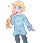  1girl alternate_costume blue_eyes blue_outline blue_skin blue_sweater braid braided_ponytail bright_pupils casual colored_skin cowboy_shot grin hand_up heart highres long_hair long_sleeves looking_at_viewer no_headwear orange_hair orange_pupils outline poke_ball_print pokemon pokemon_usum ryyy_(ryartchus) single_braid smile solo sweater zossie_(pokemon) 
