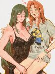  2girls aerith_gainsborough black_hair blush breasts brown_hair character_print closed_mouth despicable_me fang final_fantasy final_fantasy_vii green_eyes heart jeremr large_breasts long_hair minion_(despicable_me) multiple_girls open_mouth print_shirt red_eyes shirt sitting sitting_on_lap sitting_on_person tifa_lockhart very_long_hair yuri 