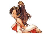  1girl arm_behind_back arm_guards bare_shoulders bent_over blush breasts brown_eyes brown_hair capcom_vs_snk_2 cleavage cropped facing_to_the_side fatal_fury game_cg high_ponytail japanese_clothes large_breasts long_hair looking_back motoyui ninja nishimura_kinu non-web_source official_art parted_lips ponytail revealing_clothes rope shiranui_mai sideboob sleeveless smile solo teeth upper_body upper_teeth_only wrist_guards 