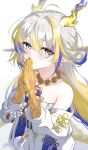  1girl arknights aruku_(arukunights) bare_shoulders beads blonde_hair blue_eyes blush closed_mouth colored_extremities commentary dragon_girl dragon_horns earrings fingernails hair_between_eyes highres horns jacket jewelry long_hair long_sleeves looking_at_viewer multicolored_hair necklace off_shoulder own_hands_together palms_together pointy_ears purple_hair shu_(arknights) smile solo white_background white_hair white_jacket 