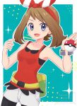  1girl :d aoneko4ao_(edwf7745) bike_shorts bike_shorts_under_shorts bow_hairband bracelet breasts brown_hair collarbone commentary_request cowboy_shot eyelashes fanny_pack grey_eyes hairband hands_up happy highres holding holding_poke_ball jewelry looking_at_viewer may_(pokemon) medium_hair open_mouth outline poke_ball poke_ball_(basic) pokemon pokemon_oras red_hairband red_shirt shirt shorts sleeveless sleeveless_shirt smile solo sparkle white_shorts yellow_bag 