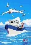  1girl :d bandana blue_sky brown_hair cloud highres may_(pokemon) mudkip ocean on_ship open_mouth pokemon pokemon_(creature) pokemon_rse red_bandana red_shirt rowdon ship shirt short_hair short_sleeves sky smile tentacool watercraft wingull 