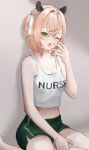  1girl against_wall animal_ears bare_shoulders black_shorts blonde_hair breasts cleavage collarbone crop_top crossed_bangs green_eyes hair_between_eyes hair_intakes hair_ribbon hand_to_own_mouth hand_up highres indie_virtual_youtuber light_blush looking_at_viewer medium_breasts navel nimi_nightmare nonono_0147 on_ground one_eye_closed one_side_up open_mouth ribbon short_hair shorts sitting solo tank_top tapir_ears tapir_girl virtual_youtuber white_ribbon white_tank_top yawning yokozuwari 