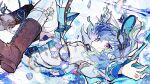  1girl blue_flower blue_hair boots brown_boots closed_mouth commentary_request dress expressionless falling flower full_body green_hair hat highres long_sleeves looking_at_viewer medium_hair multicolored_hair nanashi_inc. official_art pink_eyes solo soresaki suzumi_nemo suzumi_nemo_(3rd_costume) thighhighs two-tone_hair virtual_youtuber white_background white_dress white_hat white_thighhighs 