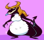  2016 autocartoons belly black_body blonde_hair breasts female hair hi_res horn matilda_(step-monster) monster overweight purple_background simple_background solo teeth tongue tongue_out white_belly yellow_eyes 