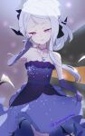  1girl absurdres blue_archive blush breasts demon_girl demon_horns demon_wings dress earrings gloves grand_piano halo highres hina_(blue_archive) hina_(dress)_(blue_archive) horns instrument jewelry long_hair looking_at_viewer necklace pendant piano purple_dress purple_eyes purple_gloves small_breasts solo sooumenman white_hair wings 