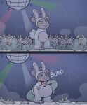 2022 after_vore american_mythology anthro blood bodily_fluids chupacabra clothing costume denatured_albumin_(character) denaturedalbumin disco group hi_res horn inside lagomorph leporid male mammal mythology overweight rabbit simple_background vore