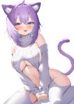  :3 aa44 absurdres animal_ears bare_shoulders blush breasts cat_ears cat_girl cat_tail cleavage highres hololive kneeling large_breasts medium_hair meme_attire navel nekomata_okayu open_mouth purple_eyes purple_hair purple_tail simple_background sweater tail virgin_destroyer_sweater virtual_youtuber white_background white_sweater 