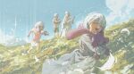  1girl 3boys anna_(tower_of_god) blue_sky book chasing city cloud david_(tower_of_god) day doll dress fleeing grass highres hoaqin holding holding_book holding_doll holding_sword holding_weapon hugging_doll hugging_object kapxapius long_hair long_sleeves multiple_boys nature open_book petals pink_shirt reading robe running scenery shirt short_hair shorts siblings sky smile standing stuffed_animal stuffed_toy sword tower_of_god vicente_(tower_of_god) weapon white_dress white_eyes white_hair white_robe white_shirt white_shorts wind 