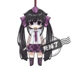  1girl bandaged_arm bandages black_boots black_skirt blood boots bow boxcutter brown_eyes checkered_clothes checkered_skirt collared_shirt commentary_request cookie_(touhou) cutting full_body guro hair_bow hanging_from_rope hat hata-tan_(rui_(hershe)) himekaidou_hatate holding holding_boxcutter long_hair looking_at_viewer nari-14 necktie noose open_mouth purple_bow purple_hat purple_necktie purple_skirt shaded_face shirt short_sleeves simple_background skirt solo suicide tokin_hat touhou twintails white_background white_shirt yurina_amado 
