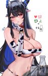  1girl absurdres animal_print asymmetrical_horns ayrinsama bare_shoulders bikini black_bikini black_hair black_tube_top blue_hair breasts cleavage cow_print cow_print_bikini demon_horns elbow_gloves gloves highres hololive hololive_english horns large_breasts long_hair multicolored_hair navel nerissa_ravencroft print_bikini print_gloves simple_background solo strapless swimsuit tube_top twitter_strip_game_parody two-tone_hair two-tone_tube_top uneven_horns upper_body virtual_youtuber white_background white_bikini white_tube_top 