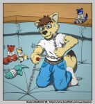 2019 5_fingers anthro artist_name avery_(vir-no-vigoratus) bdsm belt black_snout black_spots black_tail_tip blue_bottomwear blue_clothing blue_jeans blue_pants blue_sofa bodily_fluids bondage border bottomwear bound brown_eyes brown_hair chain chain_leash chained_to_floor ciriaco_squeaky clenched_teeth clothed clothing collar david_grant_fenris denim denim_bottomwear denim_clothing digit_ring digital_drawing_(artwork) digital_media_(artwork) dipstick_tail eyewear finger_ring fingers fist floor footwear furniture glasses grey_belt grey_border hair hi_res hyena inside jeans jewelry kemira kemira_redearth_(character) kneeling leash leashed_collar long_tail male mammal markings metal_chain metal_collar pants plushie pulling_chain rectangular_glasses red_ring restraints shirt short_story socks sofa solo spots spotted_hyena story story_at_source story_in_description straitjacket struggling sweat sweatdrop t-shirt tail tail_markings tan_body tan_tail teeth text topwear url wearing_glasses white_clothing white_footwear white_shirt white_socks white_t-shirt white_topwear wood wood_floor