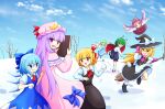  &gt;:) &gt;_&lt; 6+girls :&gt; :d :o antennae apron ascot back_bow bird_wings black_dress black_shoes black_shorts blonde_hair blue_bow blue_dress blue_eyes blue_hair blue_sky blue_stripes blush book bow breasts broom brown_dress buttons cape capelet chasing cirno cloud cloudy_sky collared_shirt commentary_request crescent crescent_hat_ornament crystal_wings daiyousei detached_wings dot_nose dress dress_bow dress_tug fairy_wings flying footprints frilled_capelet frills full_body green_eyes green_hair grin hair_bow hair_ribbon hat hat_bow hat_ornament highres holding holding_book holding_broom holding_snowball ice ice_wings kirisame_marisa large_bow long_hair long_sleeves looking_at_another looking_back medium_breasts mittens mob_cap multiple_girls mystia_lorelei outdoors patchouli_knowledge pinafore_dress pink_bow pink_capelet pink_eyes pink_hair pink_hat pink_mittens pink_scarf puffy_short_sleeves puffy_sleeves purple_eyes purple_hair red_ascot red_bow red_cape red_eyes red_shoes ribbon rumia running scarf shirt shirt_under_dress shoes short_hair short_sleeves shorts side_ponytail sidelocks sky sleeveless sleeveless_dress smile snow snowball socks standing standing_on_one_leg striped_capelet team_9_(touhou) throwing touhou tree tress_ribbon v-shaped_eyebrows very_long_hair waist_apron white_bow white_shirt white_socks wing_collar winged_hat wings witch_hat wriggle_nightbug yellow_bow yellow_eyes yoruniwa 