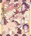  &gt;_&lt; 2girls :3 alternate_costume animalization beret black_bow black_hair bow braid brown_neckerchief butterfly_hair_ornament cheek-to-cheek commentary_request feet_out_of_frame frilled_skirt frills gradient_hair green_eyes green_hair hair_ornament happy_valentine hat heads_together heart heart_hands heart_hands_duo highres kanroji_mitsuri kimetsu_no_yaiba kochou_shinobu kuze_0131 leg_warmers long_sleeves looking_at_viewer mole mole_under_eye multicolored_hair multiple_girls neckerchief one_eye_closed open_mouth parted_bangs person_and_animalization pink_hair purple_eyes purple_hair shirt short_hair sidelocks skirt smile teeth thighs twin_braids twitter_username two-tone_background two-tone_hair upper_teeth_only white_background white_hat white_leg_warmers white_shirt yellow_background 