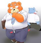  2020 anthro belly black_nose blue_body blue_fur bottomwear brown_body brown_fur canid canine canis clothing domestic_dog duo facial_hair fur kemono male mammal mustache necktie overweight overweight_male pants shirt topwear toshi_(artist) ursid 