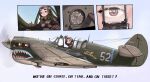  1girl absurdres aircraft airplane airplane_interior canopy_(aircraft) clipboard cloud cloudy_sky cockpit day english_text flight_suit flying flying_tigers gloves helmet highres kill_markings korean_commentary military military_vehicle nose_art open_cockpit original p-40_warhawk patch pilot pilot_helmet piloting propeller_fighter rifleman1130 shark_nose_art shoulder_patch sky smile world_war_ii 