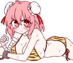 1girl alternate_costume animal_print bandaged_arm bandages bikini blush breasts bun_cover cleavage closed_mouth commentary cowboy_shot double_bun frown hair_bun ibaraki_kasen ketsumaimo large_breasts looking_at_viewer lowres lying medium_hair on_stomach pink_eyes pink_hair print_bikini simple_background solo swimsuit tiger_print touhou v-shaped_eyebrows white_background 