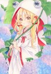  1girl :o alternate_costume blonde_hair blue_flower blush commentary flower hair_ribbon hashtag-only_commentary highres holding holding_leaf hood hood_up hydrangea japanese_clothes kimono leaf long_sleeves looking_at_viewer moriya_suwako multicolored_flower open_mouth over_shoulder purple_flower red_ribbon ribbon shiromuku solo touhou uchikake watermark white_kimono wide_sleeves yellow_eyes yuiki_(cube) 