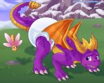  5:4 activision all_fours blush carnival-tricks claws cloud diaper dragon duo fangs feral grass hi_res horn looking_back male mountain outside purple_body purple_eyes purple_scales purple_skin rock scales scalie sky spyro spyro_the_dragon video_games western_dragon wings 