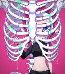  1girl agent_8_(splatoon) blue_eyes closed_mouth crop_top highres long_hair navel octoling oka_kabe pink_background red_hair simple_background skeleton smile solo splatoon_(series) splatoon_2 splatoon_2:_octo_expansion standing tentacle_hair 