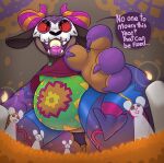 2022 american_mythology anthro belly candle chupacabra denatured_albumin_(character) denaturedalbumin ghost group halloween holidays horn male mammal mouse murid murine mythology red_sclera rodent simple_background speech_bubble spirit text