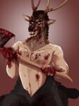 animal_head animal_humanoid antlers black_clothing blood blood_on_axe blood_on_face blood_on_hand bodily_fluids clothed clothing deer deer_humanoid for_a_head front_view grin hi_res horn horror_(theme) humanoid imperatorcaesar looking_at_viewer male mammal mammal_humanoid narrowed_eyes nightmare_fuel nipples open_clothing smile solo tan_body tan_skin topless