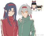  2girls accookie ahoge anime_screenshot_inset arm_at_side arms_at_sides artist_name blue_eyes blue_hair censored censored_identity chinese_commentary closed_mouth commentary_request curtained_hair double-parted_bangs flat_color genderswap genderswap_(mtf) green_jacket grey_hair hachimaki hair_between_eyes hand_up headband idolish7 isumi_haruka izumi_iori jacket long_hair long_sleeves looking_at_viewer multiple_girls pipimi pixie_cut popped_collar poptepipic popuko red_jacket short_hair side-by-side sidelocks simple_background smile straight_hair track_jacket upper_body variant_set very_short_hair watermark weibo_watermark white_background yellow_eyes 