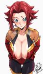  1girl absurdres areola_slip black_bodysuit blue_eyes blush bodysuit breasts breasts_squeezed_together cleavage code_geass commentary_request cowboy_shot dated gloves highres kouzuki_kallen large_breasts looking_at_viewer mecha_pilot_suit open_bodysuit open_clothes paid_reward_available red_bodysuit red_gloves red_hair short_hair_with_long_locks signature simple_background solo standing sweat thigh_gap two-tone_bodysuit white_background yoo_tenchi 