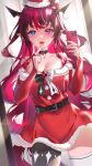  1girl alternate_costume belt blue_eyes blush bow breasts cellphone choker christmas cleavage dress hat heterochromia highres holding holding_phone hololive hololive_english horns irys_(hololive) large_breasts long_hair looking_at_viewer mirror mirror_selfie mismatched_thighhighs multicolored_hair nolmo open_mouth phone pointy_ears purple_eyes purple_hair red_dress red_hair santa_costume santa_dress santa_hat selfie smartphone smile solo streaked_hair thighhighs very_long_hair virtual_youtuber 
