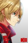  1boy absurdres blonde_hair closed_mouth green_eyes grey_background highres huge_filesize male_focus red_vest shulk simple_background solo upper_body vest xenoblade_(series) xenoblade_1 yuuki_shin 